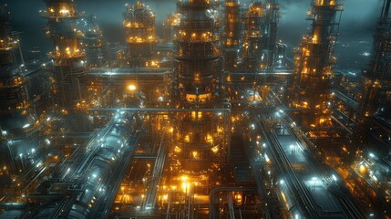 Fototapeta premium Aerial view of a futuristic oil refinery at night with illuminated pipes and towers