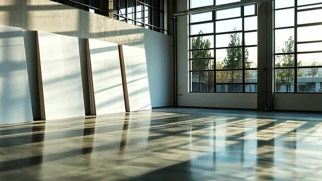 A well-organized storage facility with rows of gypsum drywall sheets, illuminated by sunlight streaming through large windows, emphasizing their role in modern construction.