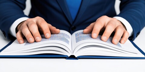 Obraz premium A businessman reviewing important documents in an open book, showcasing a professional setting and focus on work.
