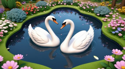 Obraz premium Two White Swans in Heart Shape on a Colorful Flower Garden Pond