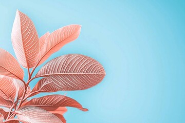 Coral toned leaves against light blue background minimalist botanical