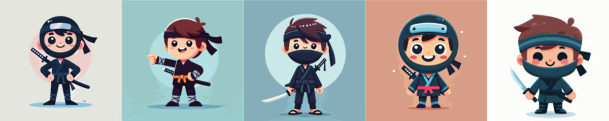 vector set of small children wearing ninja costumes