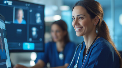 healthcare professional smiling while using virtual collaboration tools on computer. environment is modern and focused on teamwork in medical setting