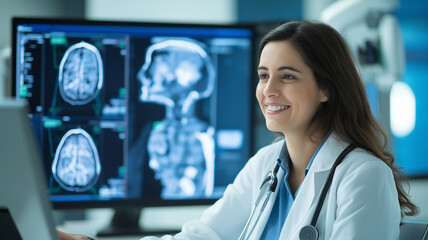 healthcare professional analyzing medical images on computer, smiling with confidence. background features brain scans and anatomical images, highlighting modern medical environment