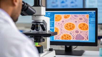 Scientist examining food sample under microscope, with microscopic image displayed on computer screen, conducting research for innovative food printing technologies
