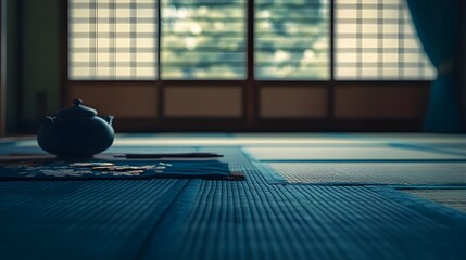 Traditional Ceremony Setup on Tatami Surface with Serving Tools