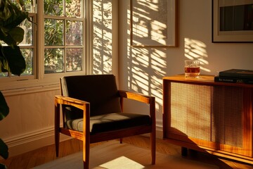 Sunlit Room With Mid Century Modern Chair And Cabinet