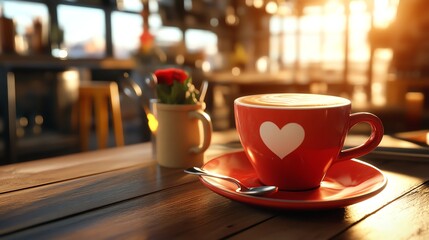 Cozy cafe date, heartshaped latte art, warm atmosphere, 3D illustration