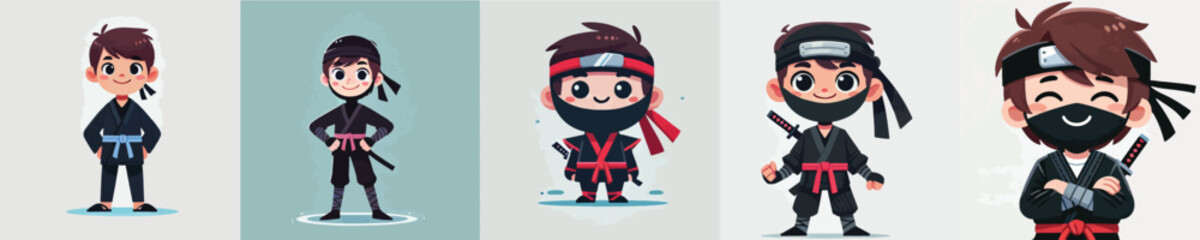 vector set of small children wearing ninja costumes