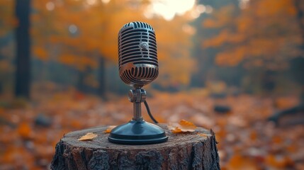 Retro microphone on tree stump in autumn forest. 