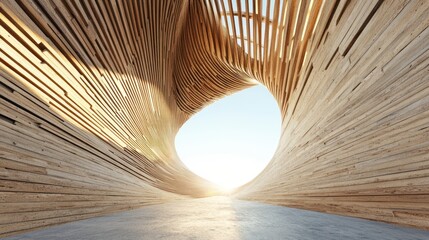 Wooden structure, swirling path, desert sunrise, architectural design, interior render