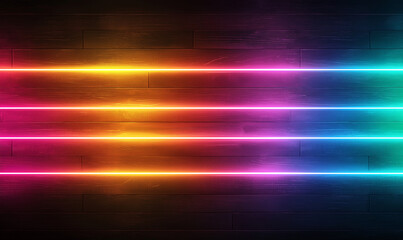 Obraz premium Colorful neon light stripes on dark wooden background create vibrant and dynamic atmosphere. bright colors evoke sense of energy and excitement, perfect for modern designs