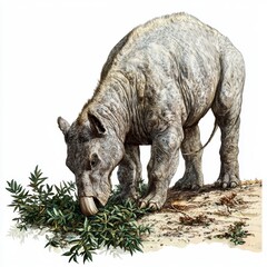 Detailed Illustration of a Prehistoric Herbivorous Mammal Grazing in a Natural Environment