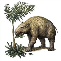 Fototapeta premium Illustration of a prehistoric creature resembling a giant herbivorous mammal near tropical vegetation
