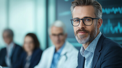 business consultant presenting healthcare analytics to professional audience, showcasing expertise and engagement in modern office setting