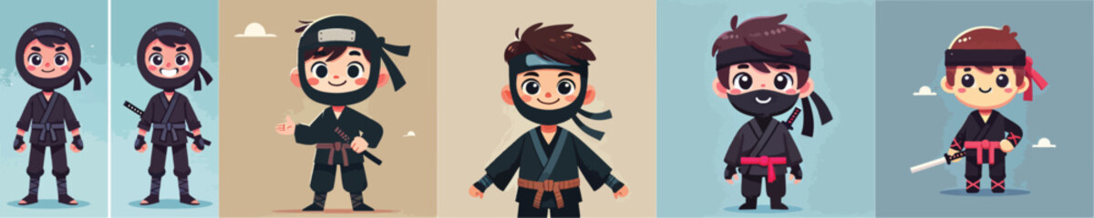 vector set of small children wearing ninja costumes