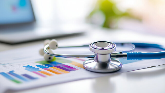 stethoscope rests on report with colorful charts in doctor office, symbolizing healthcare and analysis. scene conveys professionalism and attention to patient care