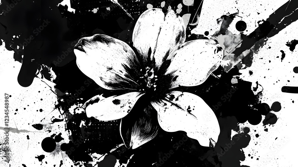 Aufkleber dramatic black and white abstract floral composition with bold ink splatter textures and a captivati