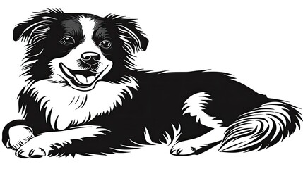 Obraz premium Happy black and white border collie dog lying down, smiling, showing teeth and tongue.