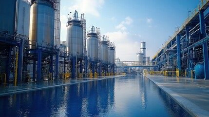 Obraz premium Industrial Plant Reflecting in Water, Chemical Processing, Daytime