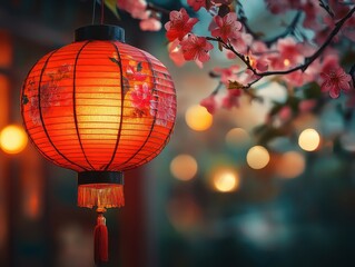 Obraz premium A glowing red lantern surrounded by cherry blossoms and soft bokeh lights.