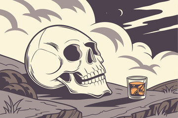 Surreal artwork, giant floating skull disintegrating, glass of whiskey on the rocks, dramatic cloudy sky, ethereal atmosphere, mystical energy, dark fantasy, digital art, photorealistic rendering, 