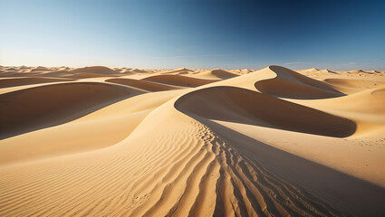 A vast undulating desert landscape with golden sand dunes stretching endlessly under a clear blue sky creating a breathtaking and serene natural scene