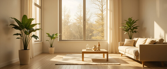 Fototapeta premium Minimalist Living Room with Sunlight & Plant