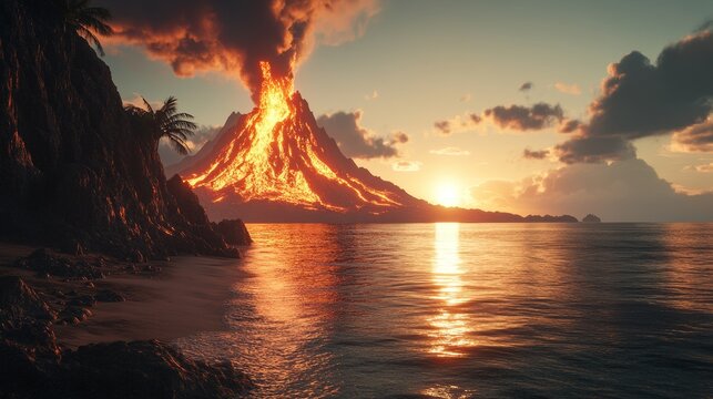 Volcanic eruption at sunset on a tropical island beach. - Powered by Adobe