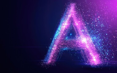 Abstract background with glowing neon light triangles forming an illuminated tunnel, creating the letter A in purple and blue colors