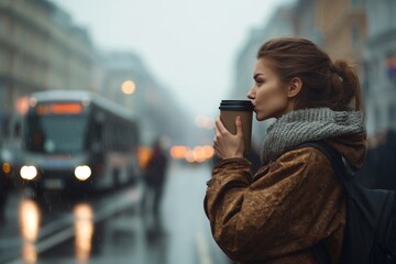 Young Woman with Coffee Cup on Rainy City Street in Foggy Weather
