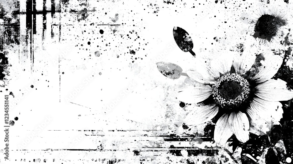 Poster dramatic black and white sunflower with grunge texture and abstract background moody minimalist and 