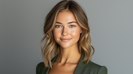 Naklejka premium portrait of a woman with beautiful hair and a warm smile, neutral background