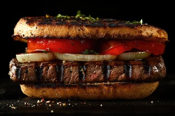 Close-up of sandwich with onions and tomatoes