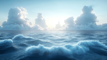 Fototapeta premium Serene ocean waves under a bright, cloudy sky at sunrise or sunset.