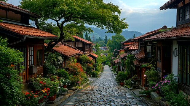 A picturesque cobblestone street lined with traditional houses and vibrant flowers. seamless looping 4k time-lapse animation video background