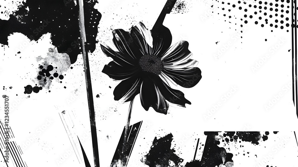 Poster dramatic monochrome abstract with splashing ink watercolor stains and messy textured paint strokes c
