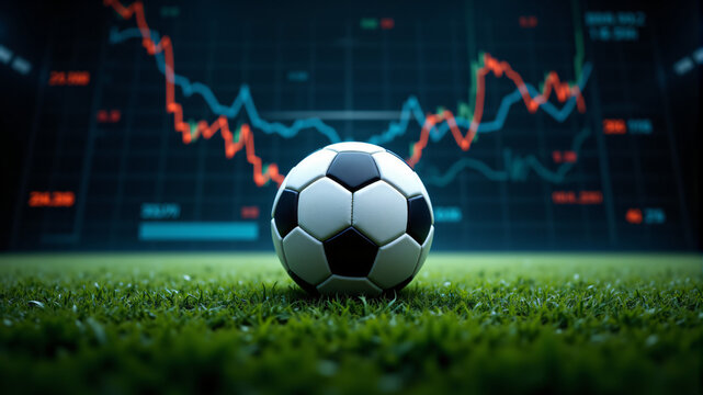 A soccer ball on green grass, highlighted by digital stock charts in the background.