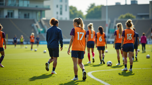 A vibrant scene of young female soccer players practicing on a sunny field, showcasing teamwork.