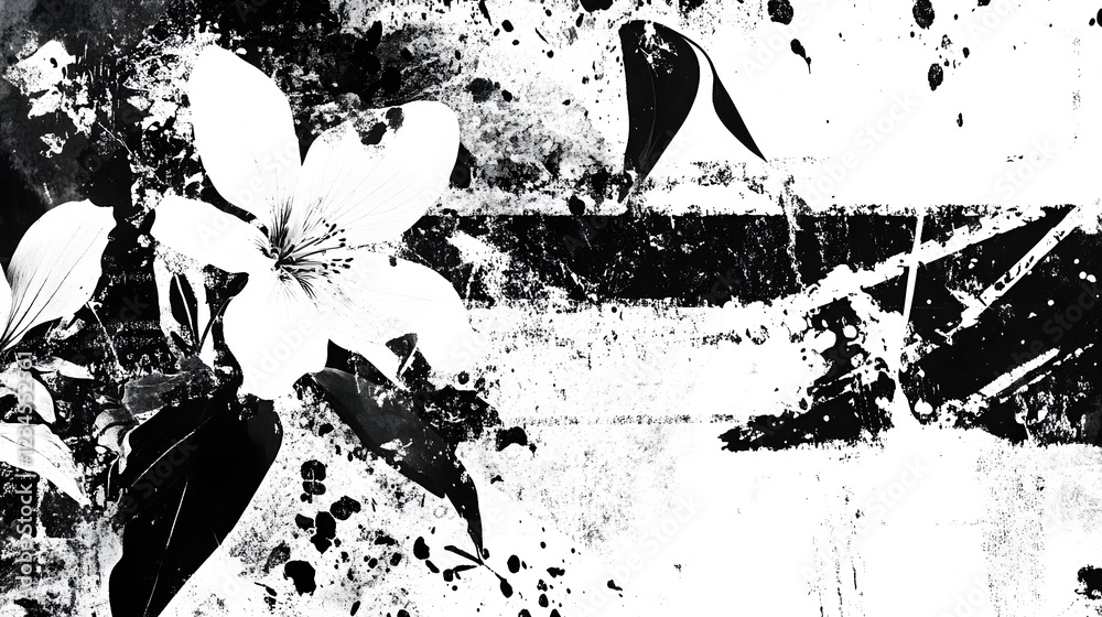Aufkleber Dramatic monochrome floral silhouettes and abstract botanical patterns with textured watercolor or ink splatter effects creating a moody and nature inspired background or design element