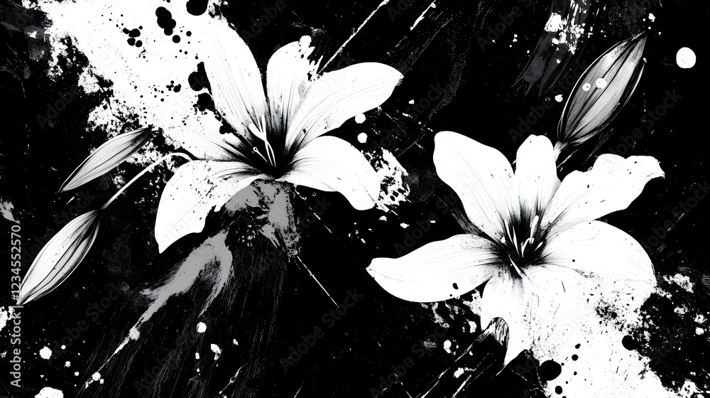 Poster dramatic monochrome floral splash abstract art design with fluid ink splatters blots and brush strok