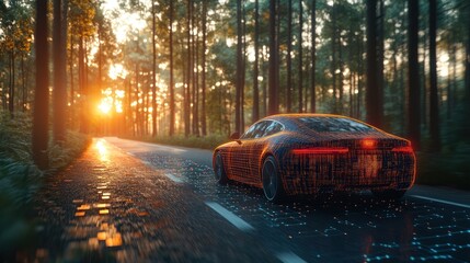 Futuristic car driving on forest road at sunset