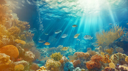 Fototapeta premium Vibrant coral reef with fish under sunlit ocean water