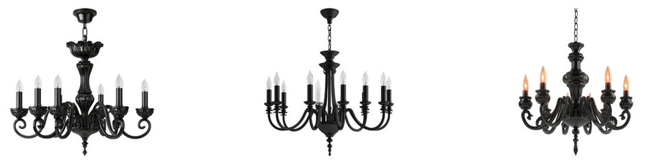 Realistic black chandelier hanging isolated on transparent background, PNG, Set of