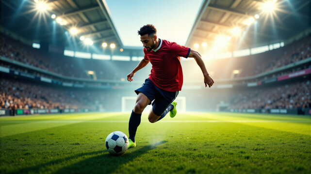 A dynamic soccer player wearing a red jersey, sprinting on a vibrant green field.