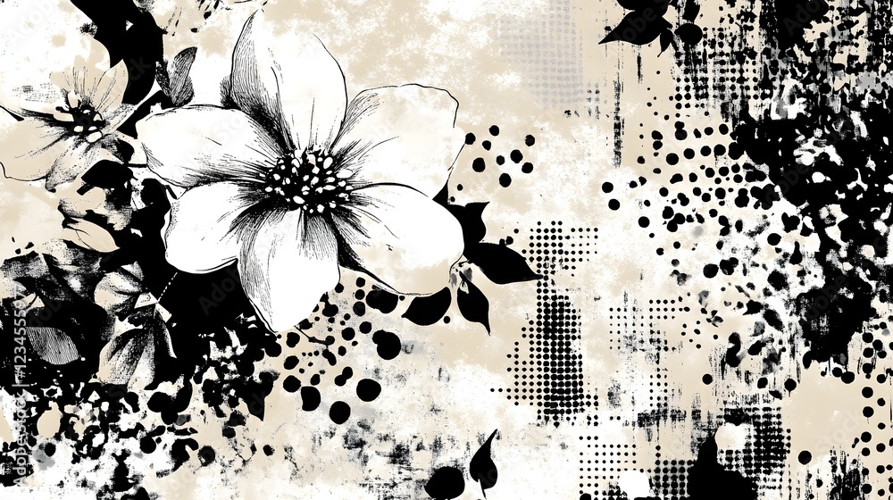 Fototapete elegant monochrome floral artwork with splattered dots and textures abstract botanical background wi