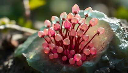 Delicate Pink Flowers Emerging From Green Stone