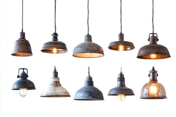 Obraz premium Vintage industrial pendant lights, hanging, white background, interior design