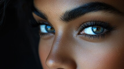 Woman's intense blue eyes gazing, dark background, beauty portrait