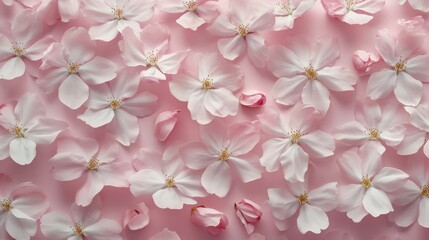 Delicate pink cherry blossom petals scattered on a soft pink background